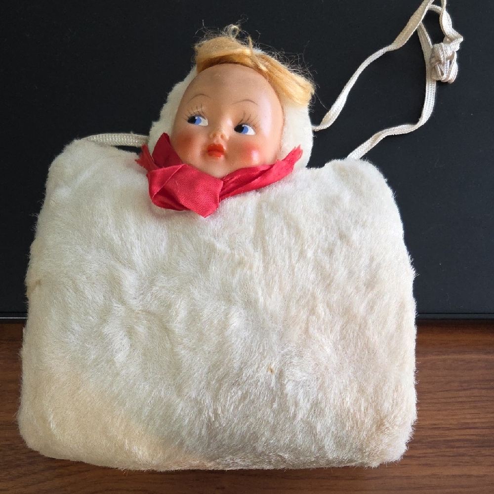 Vintage Doll Face Hand Muff Rabbit Fur With Rubber Face 1950s